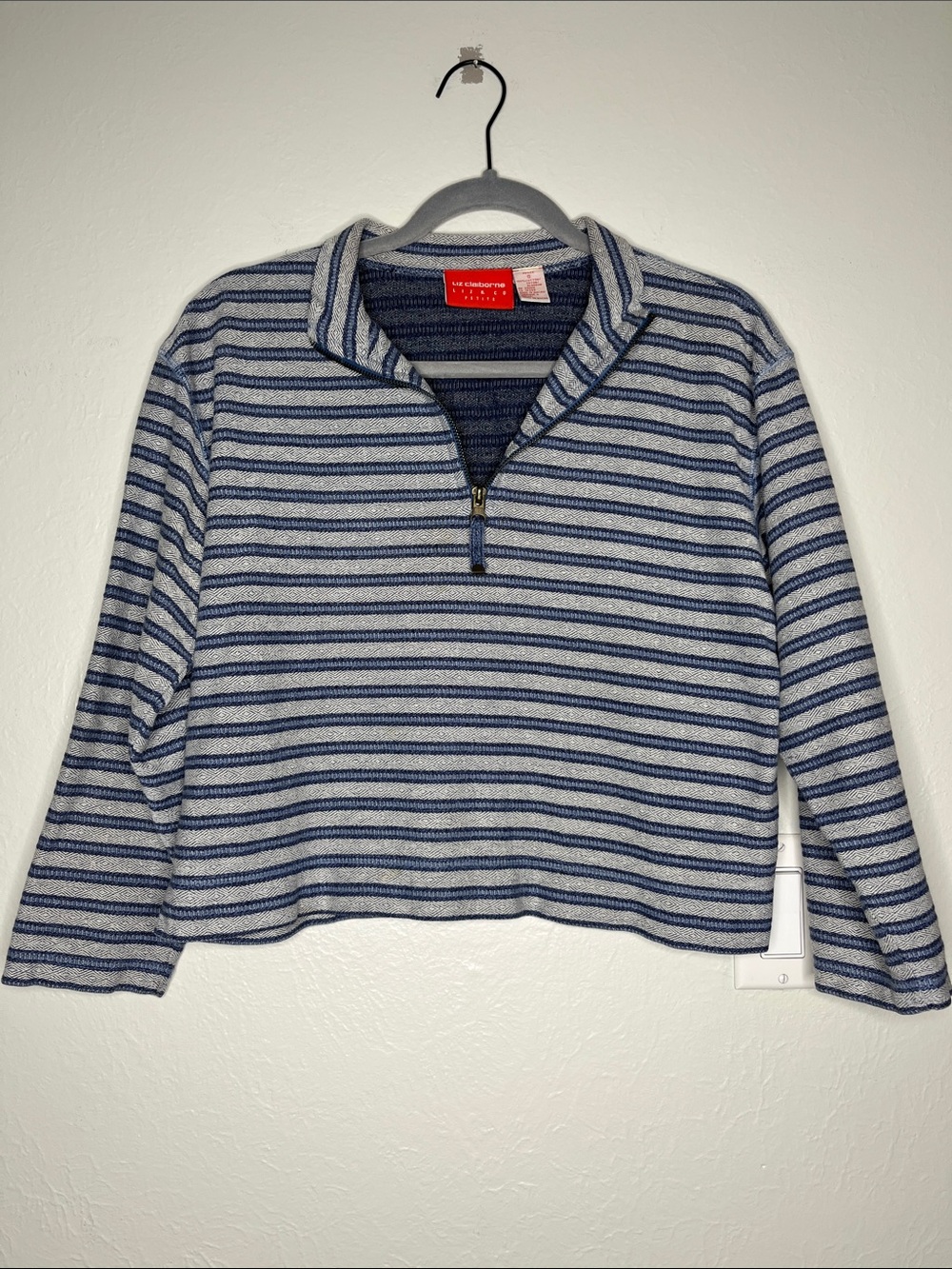 Liz Claiborne Striped 1/4 Zip Cropped Pullover - Size S Petite Preppy Blokecore